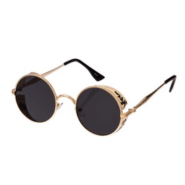 Ultra Steampunk Round Sunglasses Gold with Black Lenses Retro Mens Women Cosplay Cyber Gothic Vintage UV400 Protection Goggles Blinders Unisex