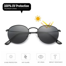Gleyemor Classic Polarized Round Sunglasses for Women Men, Trendy Metal Frame Shades (Black/Grey)