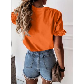 PRETTYGARDEN Women's Short Sleeve Casual T Shirts Summer Ruffle Plain Round Neck Loose Fit Tee Blouse Tops (Orange,M)