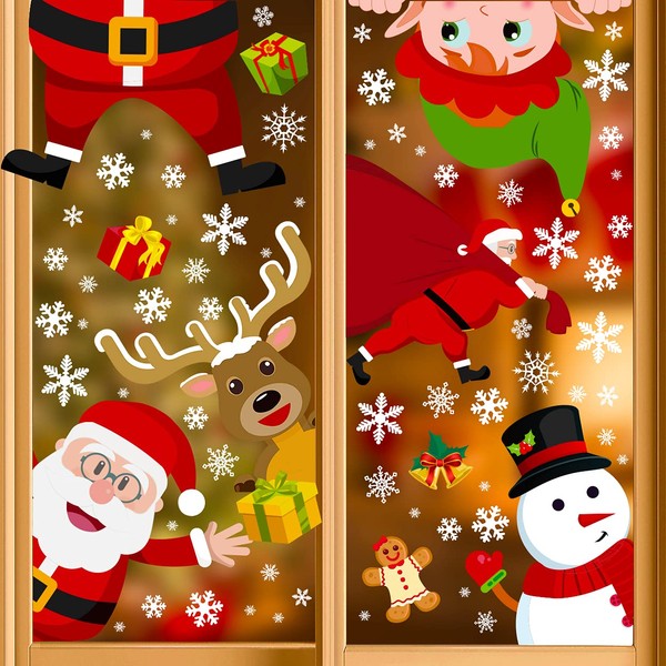 90shine 314 PCS 12 Sheets Christmas Window Clings Snowflake Decorations - Winter Wonderland Xmas Party Supplies - Santa Claus Elf Reindeer Gnome Peeking Decals
