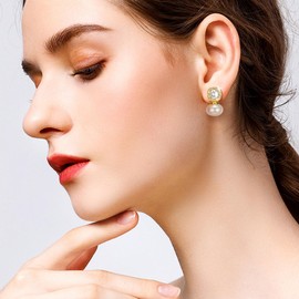 EVER FAITH Big Faux Pearl Stud Earrings Elegant Round Cubic Zirconia Gold Plated Pierced Earrings Wedding Bridal Jewelry for Women Bride