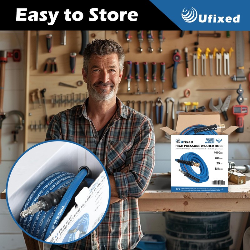 Ufixed 3/8” Pressure Washer Hose 25FT 4000psi,Rubber Hose,Quick Connect,360° Swivel,Kink-resistant,Heavy