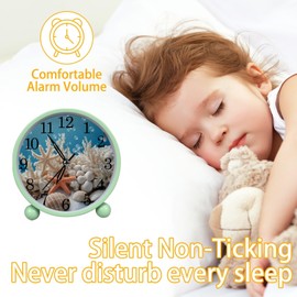 Sea Coral Shells Silent Analog Alarm Clock with Light, Easy to Set Gentle Wake Bedside Table Clock, Battery-Operated, Suitable for Home, Dorm, Office Desk, (Green, 4.3 Inch)
