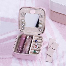 VigorVaul T Initial Jewelry Travel Box, Mini Case With Mirror for Rings, Earrings, Necklaces, Bracelets - PU Leather Gift for Women