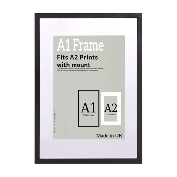 A2Z Home Solutions® Photo Frame Black A1 Frame With A2 Mount Picture Poster Print With Clear HD Perspex 30x15 MM Moulding Mounting Hooks MDF Backboard