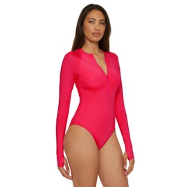 Trina Turk Women's Paddle One Piece Swimsuit, Rash Guard, UV Protection, Zip Front, Long Sleeve, Bathing Suits for Women, Geranium, Large