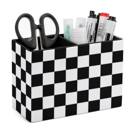 ZROSIN Black and white racing flag pen holder with 2 compartments PU leather desktop storage pen cup makeup box desktop stand
