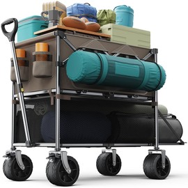 everyfun Pro Collapsible Wagon Double Decker,WagonsCarts Foldable,Heavy DutyWagon Camping Sports Garden Grocery,UtilityWagon for All Terrain Brown