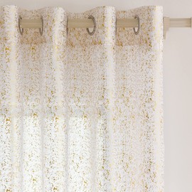 TERLYTEX White Gold Sheer Curtains 84 Inches Long, Metallic Gold Foil Spots Design Sparkle Sheer Curtains for Living Room, Privacy Grommet Shimmer Sheer Curtains 2 Panels Set, 52 x 84 Inch, White Gold