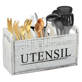 Kitchen Utensil Holder Countertop Detachable Wooden Utensil Organizer Utensil Caddy Wood Cutlery Holder for Counter Farmhouse Cooking Tools Holder with Drainage Bottom, 3 Compartments