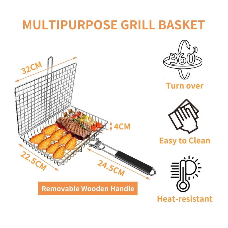 EASYLOCK Stainless Steel BBQ Grill Basket with Foldable Handle, Fish