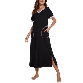 Jezonga Women's Nightdresses Long Nightgowns Nightwear Short Sleeve Loungewear Nighties Nightshirts Sleep Dress with Pockets S-XXL（Style A-Black，XXL）