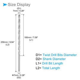 CoCud Extra Long High Speed Steel Twist Drills Diameter 7mm Length 250mm Straight Twist Drill Bits - (Applications: for Metal, Wood, Plastic, Aluminum) - Pack of 2