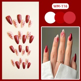 Vopintpy Wine Red Snowflake Press on Nails with Solid Color Design Long Almond Christmas Fake Nails Glossy Full Cover Glue on Nails Reusable Winter Xmas Stick on Nails for Women