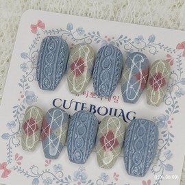 Argyle knit handmade nail tips, pedi tips - Oval M / 아가일 니트 수제네일팁,페디팁 - 오벌M