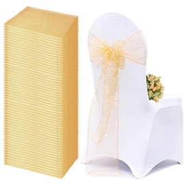 QeeFop 60 Stück Organza Stuhlschleife Stuhl Schärpe Bögen Hochzeit Stuhl Deko Organzaband Stuhlschärpen Stuhlbezug für Hochzeit Party Geburtstag Bankett Hotel (Gold)