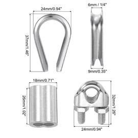 PATIKIL Wire Rope Accessory Set, 304 Stainless Steel 6 Pcs Cable Clip Clamp 6 Pcs Thimble 6 Pcs Aluminum Crimping Loop Sleeve for 6mm/1/4" Cable Rope