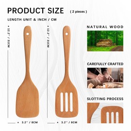 Hefild 2PCS Wooden Spatulas for Cooking, 12 inch Wood Spatulas Set with Flat Wood Spatula & Slotted Spatula – Beechwood Cooking Utensils for Nonstick Pans – Wooden Spoons for Cooking