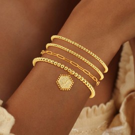 Eaciy Layered Initial Bracelets for Women - 18K Gold Plated Hexagon J Initial Letter Bracelets Dainty Layered Bead Letter Bracelet Waterproof Jewelry Gold Bracelet for Women Jewelry Gifts