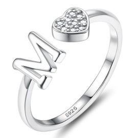 JeweBella 925 Sterling Silver Rings for Women Girls Adjustable Heart Initial Ring Stackable Thumb Ring Eternity Wedding Promise Engagement Rings A-Z Letter Rings Jewellery Gifts with Gift Box