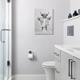 Funny Cute Highland Cow Wall Art In Bathtub, Black And White Canvas Cow In Bathroom Picture, Children'S Bathroom Decoration (12x16 Inch, Framed)