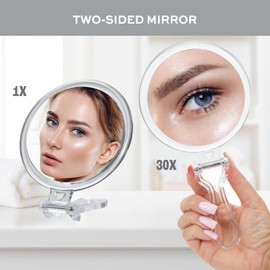 ForPro Professional Collection Expert 30X Magnifying Handheld Mirror, Double-Sided Hand Mirror with Folding Adjustable Handle for Makeup, Travel, Clear