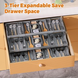 3 Tier Drawer Organizer - Expandable Junk Drawer Organizer Smart Office Supply Organizer, Folding Drawer Storage Multi-level Desk Organizer for Makeup,Jewelry,Cosmetics,Kitchen Storage (1 Row 3 Tier)
