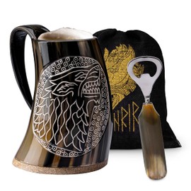 Fenrir Special Edition Viking Wolf Drinking Horn Mug with Bottle Opener for Ale Beer Cold Drinks | WOLF FENRIR | Natural Shine Polished 16-oz -2 Pieces Set