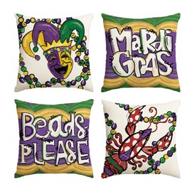 AVOIN colorlife Mardi Gras Beads Please Throw Pillow Covers, 18 x 18 Inch Masquerade Mask Bead Crawfish Holiday Cushion Case Decoration for Sofa Couch