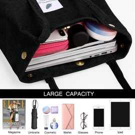 Corduroy Tote Bag for Women Girl Canvas Shoulder Cord Purse with Inner Pocket, Black, Large