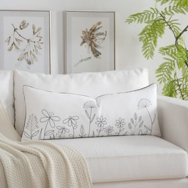 Sanmetex Spring Wild Flowers Meadow Long Lumbar Pillow Covers 14x36 Inches, Soft Embroidered Floral Plant Modern Decorative Throw Pillow Case for Sleeping Bed Bedroom Living Room and Home Décor Grey