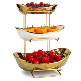 YYW 3 Tier Fruit Bowl for Kitchen Counter, White Gold Ceramic Fruit Stand for Countertop, Home Fruit Rack with Holder, Vegetable Bowl Snacks Nuts Bread Candy Storage (Gold)