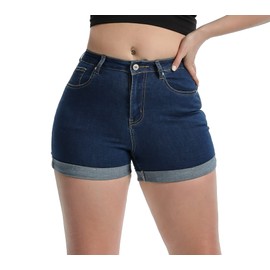 Laeyzuo Pantalones cortos elásticos de cintura alta para mujer con dobladillo foldead, Azul oscuro, M