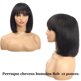 Real Hair Wig Short Bob Straight Human Hair Wig Real Hair Wigs Short Bob Human Hair Wig 12 Inch Short Black Wig Real Hair Wig with Fringe Black 130% Density