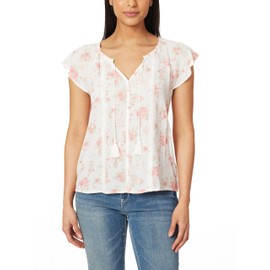 WallFlower Women's Clara Flutter Sleeve Rayon Gauze Peasant Top, Snow White Floral
