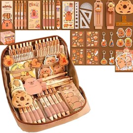 WEZCHUGHAOL Capybara Stationery Set, Cartoon Pencil Bag, Cute Pencil Case with Pens, Clips, Rulers and More, Wide Opening Pen Organiser