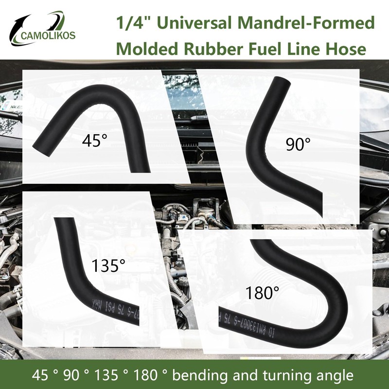 1/4" Universal Mandrel-Formed Molded Rubber Fuel Line Hose 45° 90°
