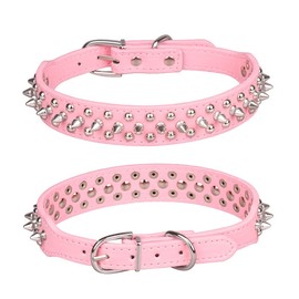 Pimaodog Spiked Studded Dog Collar, Adjustable Soft Leather Puppy Collar for Small Medium Dogs Bulldog Pitbull Mastiff Poodle Boxer (M, Pink-2)
