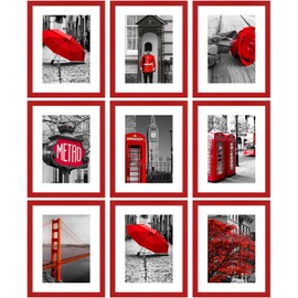 YESKAY 11x14 Picture Frame Set of 9, Photo Gallery Wall Frame Set, Display Pictures 8x10 with Mat or 11 x 14 Without Mat, Multi Photo Frames for Wall Mounting or Table Top Display, Red