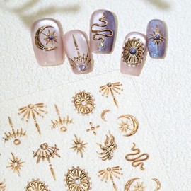 Gold Nail Stickers 5D Embossed Star Moon Nail Supplies 3D Self-Adhesive Totem Nail Decals Sun Flame Nails Designs Snake Nails Decoration Accessories for Women Girls DIY Manicure 1 Sheet