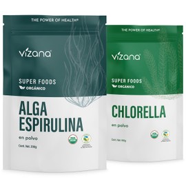 VIZANA NUTRITION  Chlorella y Espirulina Orgánica Certificadas USDA en Polvo 300g, (Pack- 1 Bolsa de Chlorella 100gr y 1 Bolsa de Espirulina 200 gr)  