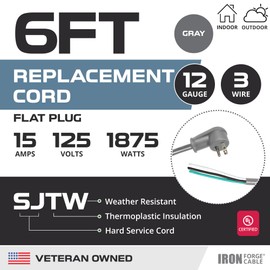 Iron Forge Cable Flat Plug Replacement Power Cord with Open End - 12/3 6 Ft Gray Appliance Extension Cord 15 Amp, 12 AWG Power Cord Replacement for Universal AC Appliance - UL Certified