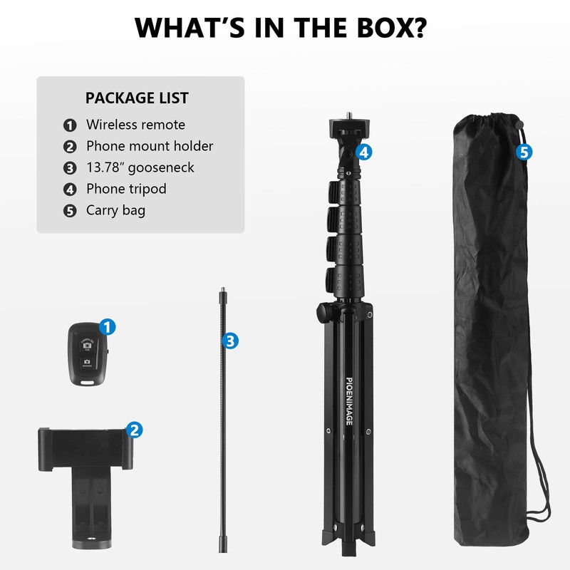 PIOENIMAGE 61" Phone Tripod Stand with 15.7" Flexible Gooseneck and