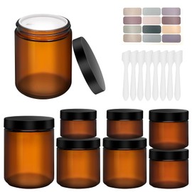 8oz, 4oz, 2oz and 1oz Amber Glass Jars with Lids, 8-Pcs Amber Jars with Inner Liners, Round Dark Jars for Making Candle, Cosmetice Container, Lotion Jar, with Sticker and 8p Spatulas