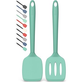 Coukre 2 Pack Silicone Spatula Set, High Heat Resistant, BPA Free Kitchen Spatula, Solid & Slotted Turner for Non-Stick Pans, Sautéing, and Flipping (2, PureAquaGreen)