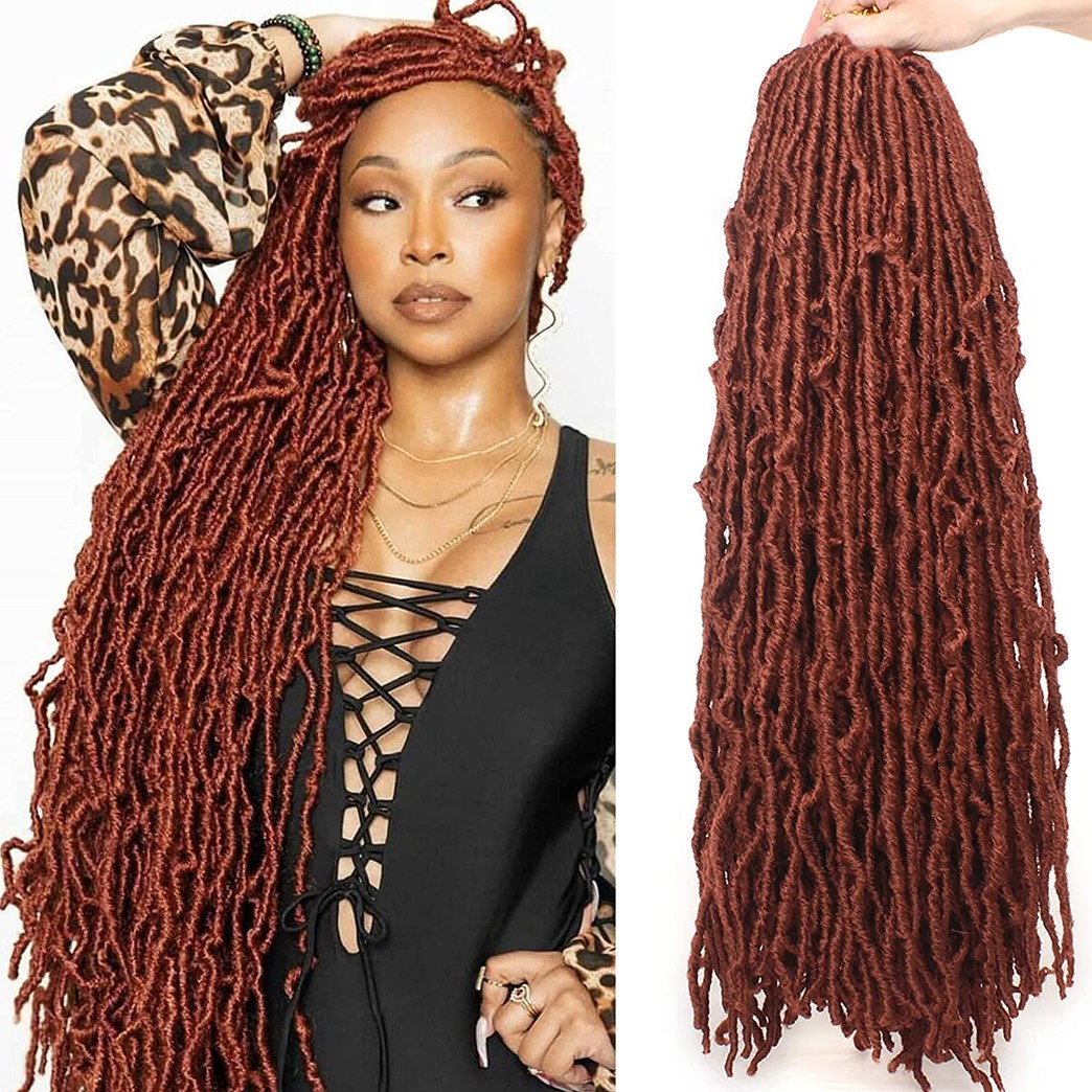 Leeven Disterssed Faux Locs Crochet Braids Hair 24 Inch New Soft Locs Copper Red Bohemian Goddess Locs 2 Packs Pre Looped Ginger Butterfly Locs Curly Wavy Synthetic Hair for Women 21Stands/pack #350