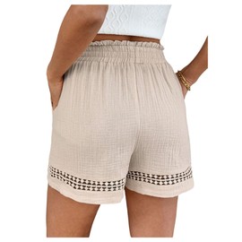 SweatyRocks Women's Summer Casual Eyelet Shorts Trendy Ruffle Boho Drawstring Shorts for Women Khaki Medium
