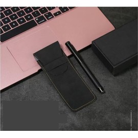 Double Pen Case, Leather Pen and Pencil Case with Tuck in Flap, Leather Double Pen Case, Pencil Pouch Holder for Two Fountain (BlackBlack, 16 * 6cm)