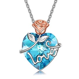 Aquamrine Blue Heart Pendant Necklace for Women, March Birthstone Rose-flower Jewelry Gift