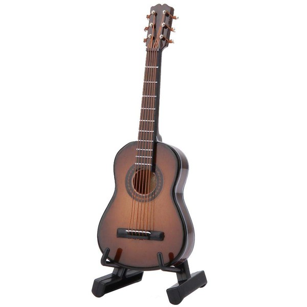 Miniature Guitar Model, Wooden Musical Instrument with Stand and Case, Small Craft Ornaments Gift, Brown, 3.9 * 1.4 * 0.4inch(#03)
